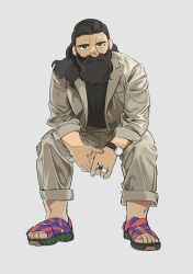  1boy absurdres beard brown_hair contemporary daki_daily dungeon_meshi facial_hair full_body highres jacket male_focus mustache pants sandals senshi_(dungeon_meshi) sitting solo 