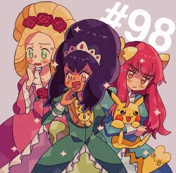  1girl 2boys aqua_dress ash_ketchum ashley_(pokemon_bw098) beehive_hairdo bow cilan_(pokemon) commentary_request cowboy_shot crossdressing crossdressing_(mtf) dress episode_number frilled_sleeves frills green_dress hair_bow iris_(pokemon) juliet_sleeves long_hair long_sleeves looking_ahead mgomurainu multiple_boys multiple_traps nervous_sweating official_alternate_costume ojou-sama_pose pikachu pink_dress pink_hair pokemon pokemon_(anime) puffy_sleeves purple_hair small_sweatdrop sweat tiara trap updo very_long_hair 