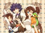  1girl 2boys alternate_costume aqua_eyes black_hair bowtie brown_eyes brown_hair clothed_pokemon double_bun dress female frilled_apron grin hue_(pokemon) irouha kyouhei_(pokemon) long_hair looking_at_viewer maid maid_headdress male mei_(pokemon) multiple_boys orange_dress oshawott pokemon pokemon_(creature) pokemon_(game) pokemon_bw2 red_eyes short_hair smile snivy spiky_hair tepig tray vest waistcoat waiter wink wrist_cuffs 