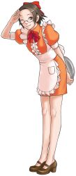  1girl absurdres ace_attorney apron artist_request bow brown_hair commentary english_commentary full_body glasses hair_bow highres legs maggey_byrde maid mary_janes official_art one_eye_closed phoenix_wright:_ace_attorney_-_trials_and_tribulations plate salute shoes short_hair simple_background solo standing third-party_source transparent_background tres_bien_maid_uniform waitress 