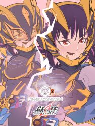 1girl armor beat_buckle black_armor black_bodysuit black_hair black_helmet bodysuit desire_driver fantasy_buckle helmet highres juno_(overwatch) kamen_rider kamen_rider_geats_(series) kamen_rider_na-go monallenster multicolored_hair multiple_views overwatch purple_hair solo streaked_hair tokusatsu two-tone_hair