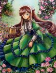  1girl arm_ribbon bangs blush bonnet bow brown_hair capelet corset curly_hair doll dress drill_hair flat_chest flower frills garden gothic_lolita grass green_dress green_eyes hairband hat head_scarf headdress heterochromia holding juliet_sleeves lace leaf light_smile lolita_fashion long_hair long_sleeves looking_at_viewer oil_painting_(medium) outdoors pink_rose puffy_long_sleeves puffy_sleeves red_eyes red_rose ribbon rose rozen_maiden short_over_long_sleeves solo standing suiseiseki tafuto traditional_media tree twin_drills very_long_hair watering_can wide_sleeves 
