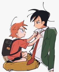  2boys :o age_difference ahoge belt belt_buckle black_belt black_eyes black_hair black_shoes black_shorts blazer buckle child choppy_bangs clothes_grab collared_shirt commentary_request cowlick cropped_arm expressionless from_side full_body grabbing_another's_shirt green_jacket grid_print half-closed_eyes hands_up imaizumi_shunsuke jacket korean_commentary leaning_back long_sleeves loose_necktie male_focus multiple_boys naruko_shoukichi necktie o_omome open_clothes open_jacket open_mouth orange_hair pants profile red_necktie red_shirt school_uniform shirt shirt_tucked_in shoes short_eyebrows short_hair short_sleeves shorts simple_background sitting sitting_on_lap sitting_on_person sketch spiky_hair t-shirt time_paradox v-shaped_eyebrows very_short_hair white_background white_shirt yellow_pants yowamushi_pedal 