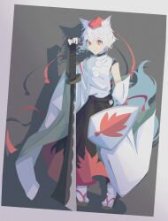  1girl absurdres animal_ears black_skirt breasts chest_sarashi closed_mouth detached_sleeves fang fang_out flat_chest geta grey_background hat highres holding holding_shield holding_sword holding_weapon inubashiri_momiji leaf_print looking_at_viewer maple_leaf_print pom_pom_(clothes) red_eyes red_skirt sarashi shadow shield short_hair skirt solo svenojilasity sword tail tengu-geta tokin_hat touhou two-tone_skirt weapon white_hair wide_sleeves wolf_ears wolf_tail 