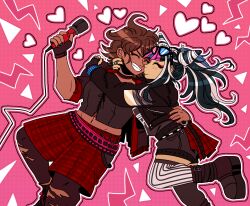  2girls alternate_costume alternate_hairstyle belt black-framed_eyewear black_belt black_boots black_hair black_jacket black_outline black_shirt black_shorts blue-tinted_eyewear blue_hair blue_streaks blush bone_hair_ornament boots brown_gloves brown_pantyhose closed_eyes commentary danganronpa_(series) danganronpa_2:_goodbye_despair dark-skinned_female dark_skin ear_piercing english_commentary eyelashes eyewear_on_head face_piercing fingerless_gloves gloves hair_horns hair_ornament hand_on_another's_back hand_on_another's_neck hand_on_another's_shoulder heart holding holding_microphone hug_from_side jacket kiss kissing_cheek long_hair long_sleeves medium_hair microphone ministarfruit mioda_ibuki mouth_piercing multicolored_hair multiple_girls nail_polish navel outline owari_akane pantyhose piercing pink_background pink_belt pink_hair pink_outline pink_streaks ponytail punk red-tinted_eyewear red_nails red_shorts shirt shorts simple_background smile standing standing_on_one_leg stitches streaked_hair striped_clothes striped_thighhighs sunglasses teeth thigh-highs tinted_eyewear torn_clothes torn_pantyhose two-tone_eyewear vertical-striped_clothes vertical-striped_thighhighs white_hair white_outline 