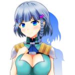  1girl blue_eyes blush braid breasts cleavage hair_ornament hairclip ken_(chamcham7) large_breasts looking_at_viewer seolla_schweizer shadow short_hair side_braid silver_hair simple_background single_braid smile solo super_robot_wars super_robot_wars_original_generation white_background 
