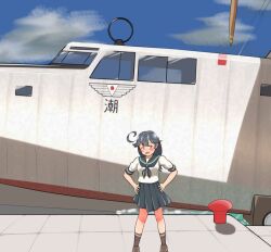  1girl ahoge aircraft aircraft_request airplane amunco black_hair blue_neckerchief blue_sailor_collar blue_skirt blue_sky clouds commentary_request day dock flying_boat hands_on_own_hips imperial_japanese_airways kantai_collection long_hair name_connection neckerchief object_namesake outdoors pleated_skirt sailor_collar school_uniform seaplane serafuku skirt sky solo ushio_(kancolle) 