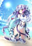  1girl bare_shoulders beach blue_hair braid byruu casual_one-piece_swimsuit double_bun hair_ornament haku_(p&amp;d) innertube kneeling long_hair midriff one-piece_swimsuit puzzle_&amp;_dragons silver_hair sun swimsuit tail thighs water yellow_eyes 