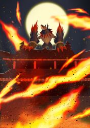  absurdres commentary_request digimon digimon_(creature) fire full_moon highres loogarmon moon muzzle_(mask) night no_humans solo temple wolf yamamoto_zetta 