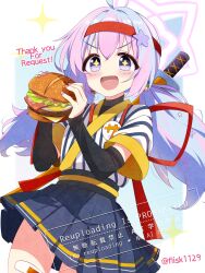  +_+ 1girl :d ahoge back_bow badge bandaid bandaid_on_leg beads black_sleeves blue_archive blue_background blue_hair blue_skirt blush border bow burger button_badge commentary commission cosplay cowboy_shot detached_sleeves double-parted_bangs english_text fingernails food furisuku_(gerbera) hachimaki hair_beads hair_between_eyes hair_ornament halo headband highres holding holding_burger holding_food imadake_dabuchi_tabemi japanese_clothes katana kimono long_hair looking_at_viewer mcdonald's miniskirt multicolored_hair nail_polish open_mouth outside_border pink_hair pink_halo pink_nails pleated_skirt red_bow red_headband reisa_(blue_archive) samurai_tamago_tabemi samurai_tamago_tabemi_(cosplay) short_sleeves skeb_commission skirt smile solo sparkle star_(symbol) star_hair_ornament star_halo striped_clothes striped_kimono sword twintails twitter_username two-tone_hair v-shaped_eyebrows vertical-striped_clothes vertical-striped_kimono violet_eyes watermark weapon weapon_on_back white_border white_kimono yellow_trim 