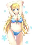  1girl arms_up bikini blonde_hair blue_eyes blush breasts cleavage front-tie_top large_breasts long_hair navel original smile solo swimsuit ume_(plumblossom) 