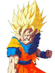  1boy battle_damage blonde_hair blue_shirt clenched_hand commentary_request cowboy_shot dougi dragon_ball dragon_ball_z green_eyes highres male_focus medium_hair muscular muscular_male orange_pants orange_shirt pants pato007711 shirt simple_background solo son_goku spiky_hair super_saiyan super_saiyan_2 torn_clothes torn_shirt white_background 