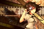  1girl black_hair black_wings camera english film_strip hat red_eyes shameimaru_aya short_hair solo tokin_hat touhou wings 