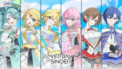 2boys 4girls anniversary arm_tattoo blonde_hair blue_eyes blue_hair blue_nails brown_eyes brown_hair commentary_request copyright_logo copyright_notice fingerless_gloves gloves green_eyes green_hair hatsune_miku highres kagamine_len kagamine_rin kaito kaito_(vocaloid) kaoruko_(unkrk55) logo megurine_luka meiko meiko_(vocaloid) multiple_boys multiple_girls official_art one_eye_closed piapro_studio pink_hair project_sekai sky smile tattoo upper_body violet_eyes vocaloid waving