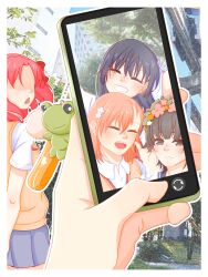  4girls absurdres asymmetrical_bangs black_eyes black_hair brown_hair brown_sweater_vest cellphone_charm cellphone_photo charm_(object) collared_shirt commentary english_commentary flower gekota grey_skirt hair_flower hair_ornament hairpin head_wreath highres long_hair misaka_mikoto multiple_girls outdoors pleated_skirt sakugawa_school_uniform saten_ruiko school_uniform selfie serafuku shion_ni shirai_kuroko shirt short_hair short_sleeves skirt summer_uniform sweater_vest toaru_kagaku_no_railgun toaru_majutsu_no_index tokiwadai_school_uniform twintails uiharu_kazari v-neck viewer_holding_phone white_shirt 