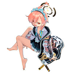  1girl absurdres ahoge backlighting barefoot between_legs black_nails blue_archive braid breasts brown_halo cleaning_&amp;_clearing_(blue_archive) collarbone eudetenis fangs floral_print from_halo halo hand_between_legs hands_on_floor highres huge_ahoge jacket long_sleeves looking_at_viewer maid_headdress mole mole_under_eye nail_polish neru_(blue_archive) open_mouthpink_hair pleated_skirt print_jacket red_eyesschool_uniform shirt short_hair signature simple_background single_braid sitting skirt small_breasts solo sukajan tagwhite_shirt white_background 