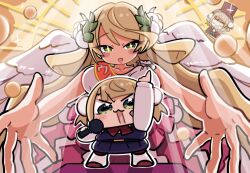  3girls blonde_hair breasts chibi commentary_request dress flower green_eyes hair_between_eyes hair_ornament hat highres indie_virtual_youtuber kakue_gaku long_hair looking_at_viewer multiple_girls open_mouth ribbon shigure_ui_(vtuber) shigure_ui_(young)_(vtuber) short_hair smile white_dress wings 