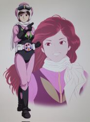  1girl belt belt_pouch black_bodysuit black_boots black_eyes black_gloves black_hair bodysuit boots clenched_hand closed_mouth commentary_request cropped_torso fishnet_sleeves fishnets gloves hana_nin_captor_3 hand_up helmet highres long_hair mizutani_kenta multicolored_bodysuit ninja_captor pink_bodysuit pink_helmet pouch projected_inset sakurakouji_maria scarf smile standing tokusatsu two-tone_bodysuit white_belt white_scarf 