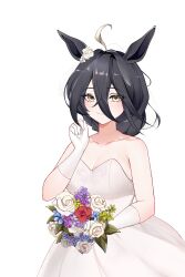 1girl absurdres ahoge alternate_hairstyle animal_ears bare_shoulders blonde_hair bouquet closed_mouth collarbone commentary dress ear_flower english_commentary flower gloves hair_between_eyes hair_bun hands_up highres holding holding_bouquet horse_ears horse_girl long_bangs long_hair_between_eyes looking_at_viewer manhattan_cafe_(umamusume) multicolored_hair no_bra shinnytofu simple_background single_hair_bun smile solo umamusume variant_set veil white_background white_dress white_flower white_gloves white_hair white_veil yellow_eyes 