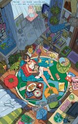  1girl absurdly_detailed_composition alarm_clock backpack bag barefoot bean_bag_chair black_hair book cable ceiling_fan chair clock closed_mouth clothes_hanger commentary_request computer_keyboard computer_mouse copyright_notice crt cup curtains doormat dot_mouth dot_nose dress dumbbell electric_fan electrical_outlet fish_tank flower food from_above fruit gaming_chair guitar hand_fan hanging_plant highres holding holding_guitar holding_instrument indoors instrument lamp laundry_basket loaded_interior medium_hair messy_room mug multicolored_hair on_chair orange_(fruit) original paper_fan picture_frame plant plastic_bag plate potted_plant reclining rug scenery sleeveless sleeveless_dress solo spaghetti_strap spoon streaked_hair stuffed_animal stuffed_dog stuffed_panda stuffed_seal stuffed_toy sunflower swivel_chair trash_can vase wan_(rdnt5487) white_dress wide_shot 