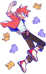  1boy :d ahoge ankle_socks arm_at_side arm_up belt black_pants blush choppy_bangs clenched_hand collared_shirt doodle_inset fang floating floating_clothes from_side full_body layered_shirt legs_apart looking_at_viewer looking_back male_focus multicolored_shoes naruko_shoukichi o_omome open_clothes open_mouth open_shirt pants pants_rolled_up profile rabbit red_belt red_eyes red_hair red_shirt red_shoes shirt shirt_tucked_in shoes short_hair simple_background sleeves_rolled_up smile sneakers socks solo spiky_hair tiger two-sided_shirt two-tone_shoes v-shaped_eyebrows wallet_chain white_background white_shirt white_shoes white_socks yowamushi_pedal 