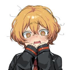  1boy @_@ black_coat blonde_hair blush coat commentary_request full-face_blush grey_trim heart heart-shaped_pupils highres korean_commentary lapels limbus_company long_sleeves looking_at_viewer necktie notched_lapels open_mouth project_moon red_necktie red_trim shirt simple_background sinclair_(project_moon) solo stephe666q sweat symbol-shaped_pupils white_background white_shirt yellow_eyes 