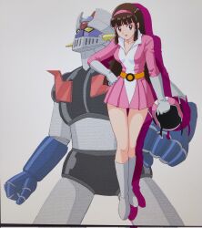  1girl belt boots breasts brown_eyes brown_hair commentary_request dress drop_shadow gloves hairband hand_on_own_hip helmet highres holding holding_unworn_helmet long_hair looking_at_viewer looking_up mazinger_(series) mazinger_z mazinger_z_(mecha) mecha medium_breasts mizutani_kenta open_mouth pink_dress pink_hairband pink_helmet pleated_dress robot short_dress smile standing teeth unworn_headwear unworn_helmet upper_teeth_only white_boots white_gloves yellow_belt yumi_sayaka 