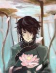  1boy black_hair chinese_clothes flower lie_ren lotus pink_eyes reveriesky rwby smile underwater 