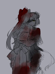  2girls ahoge animal_ears assault_lily capelet cat_ears commentary_request cowboy_shot facing_away fake_animal_ears fingerless_gloves flower gloves grey_background hair_flower hair_ornament hairband heads_together hug kondou_misaka long_hair long_sleeves looking_at_viewer low_ponytail miniskirt multiple_girls one_eye_covered pantyhose parted_lips partially_colored ponytail pouch ribbon-trimmed_capelet ribbon_trim sailor_collar santouka shirt simple_background skirt sleeveless sleeveless_shirt standing thigh_pouch thigh_strap very_long_hair waist_cape yamaguchi_chihiro_(assault_lily) yellow_eyes yuri 