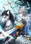  1girl armor armored_dress bell blue_hair cutlass dkaki fantasy headdress horse original solo sword valkyrie weapon white_hair 