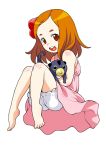  1girl :d barefoot bloomers brown_hair dress eyebrows flone_robinson freckles hair_ornament kouda_tomohiro open_mouth pink_dress smile solo swiss_family_robinson teeth underwear 