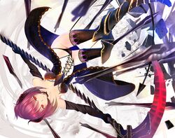  1girl bare_shoulders black_legwear black_panties breasts elbow_gloves gloves light_smile original panties pink_hair red_eyes scythe short_hair solo tetsu_(countryside) thighhighs underwear upside-down 