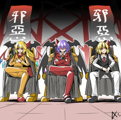  a-xii alternate_costume ascot bat_wings black_ascot black_coat black_suit blonde_hair bow brooch chair coat coat_on_shoulders collared_shirt commentary crossed_legs crystal_wings english_commentary flandre_scarlet frown hair_bow highres jacket jewelry necktie on_chair one_piece pants red_bow red_eyes red_necktie red_suit remilia_scarlet rumia shaded_face shirt sitting smile suit suit_jacket touhou white_pants wings yellow_suit 