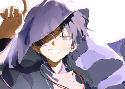  1boy 333takoyaki absurdres black_hair blunt_ends clothing_cutout commentary_request curled_fingers eyeliner genshin_impact hand_up highres japanese_clothes kariginu kimono layered_sleeves light_blush looking_at_viewer makeup male_focus open_mouth pink_pupils portrait purple_kimono purple_sleeves purple_veil red_eyeliner scaramouche_(genshin_impact) scaramouche_(kabukimono)_(genshin_impact) see-through_clothes see-through_veil shoulder_cutout sketch solo straight-on string tsurime veil violet_eyes white_background white_mouth white_sleeves wispy_bangs 