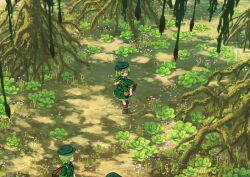  3girls boots brown_boots camouflage camouflage_headwear camouflage_shirt camouflage_skirt commentary day english_commentary green_eyes green_hair green_hat green_shirt green_skirt grin hat highres jungle mangrove mixed-language_commentary multiple_girls nature outdoors plant_request pointing ripples scenery shirt skirt sleeves_rolled_up smile suteruko touhou water wetland yamashiro_takane 