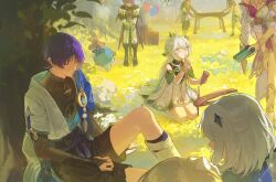 4boys 4girls against_tree anemo_symbol_(genshin_impact) anklet aqua_gem aranara_(genshin_impact) ararycan_(genshin_impact) arm_guards armlet armor arms_at_sides balloon belt bent_over black_belt black_bodysuit black_boots black_bow black_bridal_gauntlets black_coat black_hood black_pants black_shorts black_shrug black_sleeves black_tail blonde_hair blue_cape blue_kimono blue_sleeves blunt_ends bodysuit boots bow box bracelet braid bridal_gauntlets brown_halo brown_scarf bunting cape chest_jewel choppy_bangs closed_eyes closed_mouth coat coattails crate creature cross-shaped_pupils crossed_bangs crystal cyno_(genshin_impact) detached_sleeves diamond_hair_ornament dragon_boy dragon_tail dress durin_(genshin_impact) eyelashes eyeliner eyeshadow facing_another facing_down falling_leaves feathers finger_to_mouth flower flower_wreath gem genshin_impact gift gift_box gladiator_sandals gloves gold gold_ring gold_trim grass green_cape green_eyes green_hair green_sleeves hair_between_eyes hair_flower hair_ornament hakama hakama_shorts half_crown_braid halo hand_on_own_thigh hands_up heart-shaped_gem highres holding holding_gift holding_party_popper holding_table holding_wreath index_finger_raised japanese_armor japanese_clothes jewelry jlypih juban kimono knee_up kote kurokote layered_sleeves leaf leaf_hair_ornament leg_warmers long_braid long_hair long_sleeves looking_down lumine_(genshin_impact) makeup mandarin_collar mechanical_halo middle_ring multicolored_hair multiple_boys multiple_girls nahida_(genshin_impact) open_clothes open_coat open_collar open_kimono original outdoors paimon_(genshin_impact) pants party_popper pelvic_curtain pleated_shorts pointy_ears pom_pom_(clothes) ponytail_holder purple_hair purple_rope purple_sash purple_vest red_eyeliner red_eyes red_eyeshadow red_gem rope sandals sash scaramouche_(genshin_impact) scarf seiza sethos_(genshin_impact) shirt short_hair short_sleeves shorts shrug_(clothing) side_ponytail sidelocks sideways_glance single_braid sitting sleeping smile standing stirrup_legwear streaked_hair symbol-shaped_pupils table tail tailcoat tareme tassel toeless_legwear tree twitter_username vest wanderer_(genshin_impact) watermark white_dress white_flower white_gloves white_hair white_kimono white_leg_warmers white_pants white_shirt white_sleeves white_trim wing_ornament yellow_feathers 