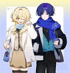 1boy 1girl alternate_costume arm_at_side bag beads belt belt_buckle black_belt black_gloves black_jacket black_pants black_shirt black_sleeves black_thighhighs blonde_hair blouse blue_bag blue_bow blue_cardigan blue_scarf blunt_ends bow brown_shirt brown_skirt buckle cardigan casual cellphone closed_mouth commentary_request contemporary earrings eyelashes feather_earrings feathers fingerless_gloves flower fringe_trim fur-trimmed_jacket fur-trimmed_sleeves fur_trim genshin_impact gloves grey_bag grid_border hair_between_eyes hair_flower hair_intakes hair_ornament hairclip hand_in_own_hair hand_in_pocket hand_up heart highres holding holding_phone jacket jewelry korean_commentary lapels long_sleeves looking_at_another lumine_(genshin_impact) medium_skirt one_eye_closed open_clothes open_jacket open_mouth pants parted_bangs partially_unbuttoned phone purple_hair scaramouche_(cat)_(genshin_impact) scaramouche_(genshin_impact) scarf shirt short_hair short_hair_with_long_locks shoulder_bag sia37068010 sidelocks sideways_glance skirt smartphone stuffed_animal stuffed_toy teeth thigh-highs tsurime undershirt upper_teeth_only violet_eyes wanderer_(genshin_impact) white_background white_flower white_jacket white_sleeves white_trim 