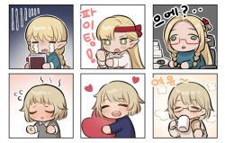  2girls :o blonde_hair blue_sweater blush book border braid brown_shirt chibi chibi_only chicken_(food) chicken_leg closed_mouth commentary_request crying cup dot_nose dougi dungeon_meshi elf falin_touden falin_touden_(tallman) food green_eyes headband heart holding holding_book holding_cup holding_food hugging_object karate_gi korean_commentary korean_text marcille_donato mayo_(mayo88meshi) multiple_girls multiple_views pointy_ears red-framed_eyewear red_headband shirt streaming_tears sweater tears twin_braids white_border 