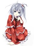  1girl capelet dress gorilla_(bun0615) grey_eyes hair_bobbles hair_ornament highres long_sleeves looking_at_viewer one_side_up open_mouth red_dress shinki silver_hair simple_background sitting solo touhou touhou_(pc-98) white_background wide_sleeves 