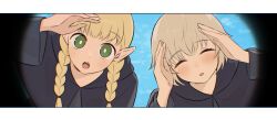  :o black_cloak blonde_hair blue_sky blush border braid bright_pupils cloak closed_eyes commentary_request dungeon_meshi elf falin_touden falin_touden_(tallman) green_eyes highres korean_commentary looking_at_viewer marcille_donato mayo_(mayo88meshi) open_mouth pointy_ears short_hair sky teeth twin_braids upper_teeth_only white_border white_pupils 