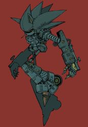  1boy from_side highres humanoid_robot male_focus mecha_sonic_mkii no_mouth red_background robot simple_background solo sonic_&amp;_knuckles sonic_(series) sonic_the_hedgehog_(classic) submarinechamomile wheel 
