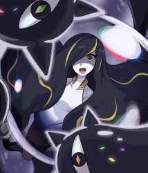  1girl bare_shoulders black_hair blonde_hair breasts collarbone commentary dress floating fusion hair_over_one_eye highres long_hair looking_at_viewer lusamine_(pokemon) lusamine_fused_(pokemon) monster_girl multicolored_hair nihilego open_mouth pantyhose pokemon pokemon_(creature) pokemon_sm poyo_party purple_pantyhose sleeveless sleeveless_dress small_breasts solo streaked_hair teeth tentacles upper_teeth_only very_long_hair white_dress yellow_eyes 