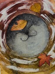  animal animal_focus autumn azarashinoshippo closed_eyes from_above highres leaf leaf_on_head maple_leaf oak_leaf original ripples seal_(animal) traditional_media water whiskers 