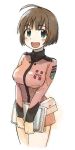  1girl ahoge bearbarrel blush bob_cut breasts brown_hair clipboard green_eyes harada_makoto large_breasts looking_at_viewer nurse open_mouth pouch short_hair smile solo uchuu_senkan_yamato_2199 uniform white_background 