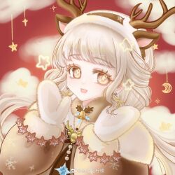  1girl animal_costume animal_ear_hairband animal_ears antlers bell blonde_hair blunt_bangs brown_hairband brown_jacket chinese_commentary christmas clouds commentary_request crescent deer_ears eyelashes fake_animal_ears fake_horns fur-trimmed_hairband fur-trimmed_jacket fur_trim hairband hands_up happy highres horn_hairband horns jacket long_hair long_sleeves looking_at_viewer low_twintails mittens neck_bell nikki_(series) open_mouth print_sleeves puffy_long_sleeves puffy_sleeves red_background reindeer's_bells_(shining_nikki) reindeer_antlers reindeer_costume ribbon_earrings shining_nikki smile snowflake_print solo star_(symbol) star_in_eye symbol_in_eye twintails upper_body very_long_hair watermark weibo_watermark white_mittens xiaoyu_qixing yellow_eyes yellow_pupils 