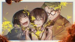  1girl 2boys :d ^_^ aged_down animal bags_under_eyes black_hair blue_jacket branch brown_coat burning burning_paper cat closed_eyes coat commentary_request crossed_bangs curtained_hair dongbaek_(project_moon) dongrang_(project_moon) flower green_hair hair_between_eyes holding holding_animal holding_cat jacket limbus_company multiple_boys official_alternate_costume project_moon remembering round_eyewear shirt short_hair smile suguri_1150615 suspenders teeth upper_teeth_only white_shirt yellow_flower yi_sang_(project_moon) 