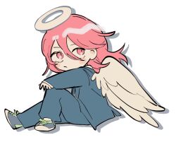  1boy angel angel_devil_(chainsaw_man) angel_wings blush_stickers chainsaw_man closed_mouth commentary_request double-parted_bangs frown full_body grey_jacket grey_pants grey_suit hair_behind_ear hair_between_eyes halo invisible_chair jacket layered_sleeves long_sleeves looking_to_the_side male_focus medium_hair open_clothes open_jacket pants red_eyes red_hair shirt shoelaces shoes sideways_glance simple_background sitting sneakers solo suit suit_jacket uzura_syouyu white_background white_shirt white_wings wings 