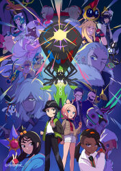  6+boys 6+girls absurdres aqua_hair arm_up az_(pokemon) beard belt black_belt black_dress black_eyes black_gloves black_hair black_hat black_jacket black_pants blonde_hair blue_belt blue_eyes blue_gloves blue_jacket blunt_bangs blush blush_stickers bracelet brown_hair brown_helmet brown_jacket canari_(pokemon) chandelure clefable clenched_hand closed_mouth collared_shirt commentary corbeau_(pokemon) covered_mouth cropped_jacket cube_hair_ornament dark-skinned_female dark-skinned_male dark_skin dragalge dress eelektross english_commentary everyone eyelashes facial_hair falinks fascinator fingerless_gloves fire floette floette_(eternal) frills fur_trim glasses glassses gloves gradient_hair green_hair green_jacket green_necktie grey_eyes grin griselle_(pokemon) grisham_(pokemon) gwynn_(pokemon) hair_ornament hair_over_one_eye hand_on_headwear hand_on_own_shoulder hat helmet highres holding holding_poke_ball hood hood_up ivor_(pokemon) jacinthe_(pokemon) jacket jewelry lebanne_(pokemon) lida_(pokemon) long_hair long_sleeves lysandre_(pokemon) maid_headdress mask mature_male medium_hair mega_chandelure mega_clefable mega_dragalge mega_eelektross mega_falinks mega_pokemon mega_scolipede mega_scrafty mega_skarmory mega_starmie mega_stone midriff mohawk mouth_mask multicolored_hair multiple_boys multiple_girls naveen_(pokemon) navel necktie one_eye_closed open_clothes open_jacket open_mouth orange_eyes orange_vest pants partially_fingerless_gloves paxton_(pokemon) philippe_(pokemon) pink_dress pink_hair poke_ball poke_ball_(basic) pokemon pokemon_(creature) pokemon_legends:_z-a purple_fire purple_hair purple_shirt reapster_(tdwg3572) red_hair red_shirt round_eyewear scolipede scrafty shirt short_hair shorts skarmory smile split-color_clothes split-color_hair split_mouth spoilers standing starmie tarragon_(pokemon) taunie_(pokemon) twintails two-tone_pants undercut very_long_hair vest violet_eyes white-framed_eyewear white_background white_gloves white_hair white_headdress white_necktie white_shirt white_shorts yellow_eyes yellow_jacket zygarde zygarde_core 