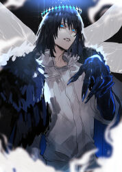  1boy absurdres black_hair blue_eyes colored_extremities commentary_request dragonfly_wings fate/grand_order fate_(series) highres light_particles looking_at_viewer male_focus oberon_(fate) oberon_(third_ascension)_(fate) ou_syoku7 parted_lips shirt solo upper_body white_shirt 