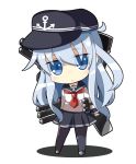  1girl blue_eyes blue_hair chibi hat hibiki_(kantai_collection) hitsuji_bako kantai_collection looking_at_viewer machinery pantyhose personification sailor_dress solo turret 